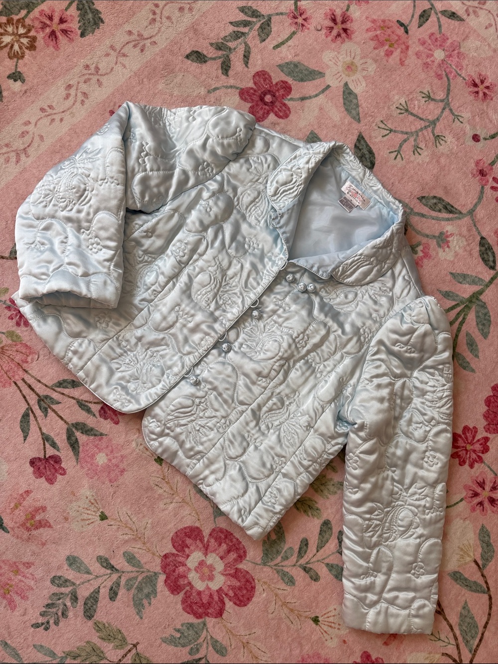 Vintage Nordstrom Light Blue Satin Quilted Bed Jacket 1X Floral Puffer